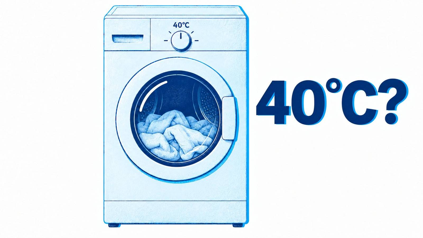 Pralka z pokrętłem ustawionym na 40°C i pytanie: 40°C?