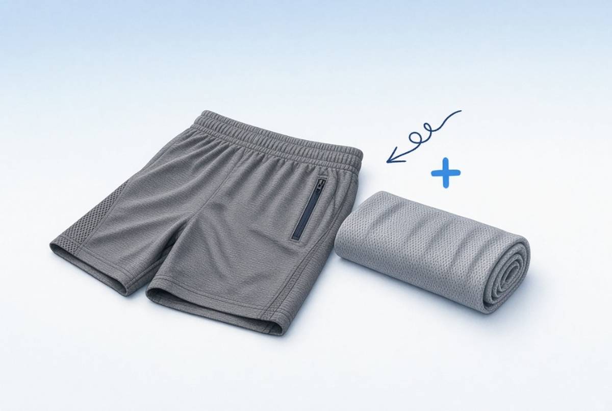 Szare spodenki sportowe i zwinięty ręcznik