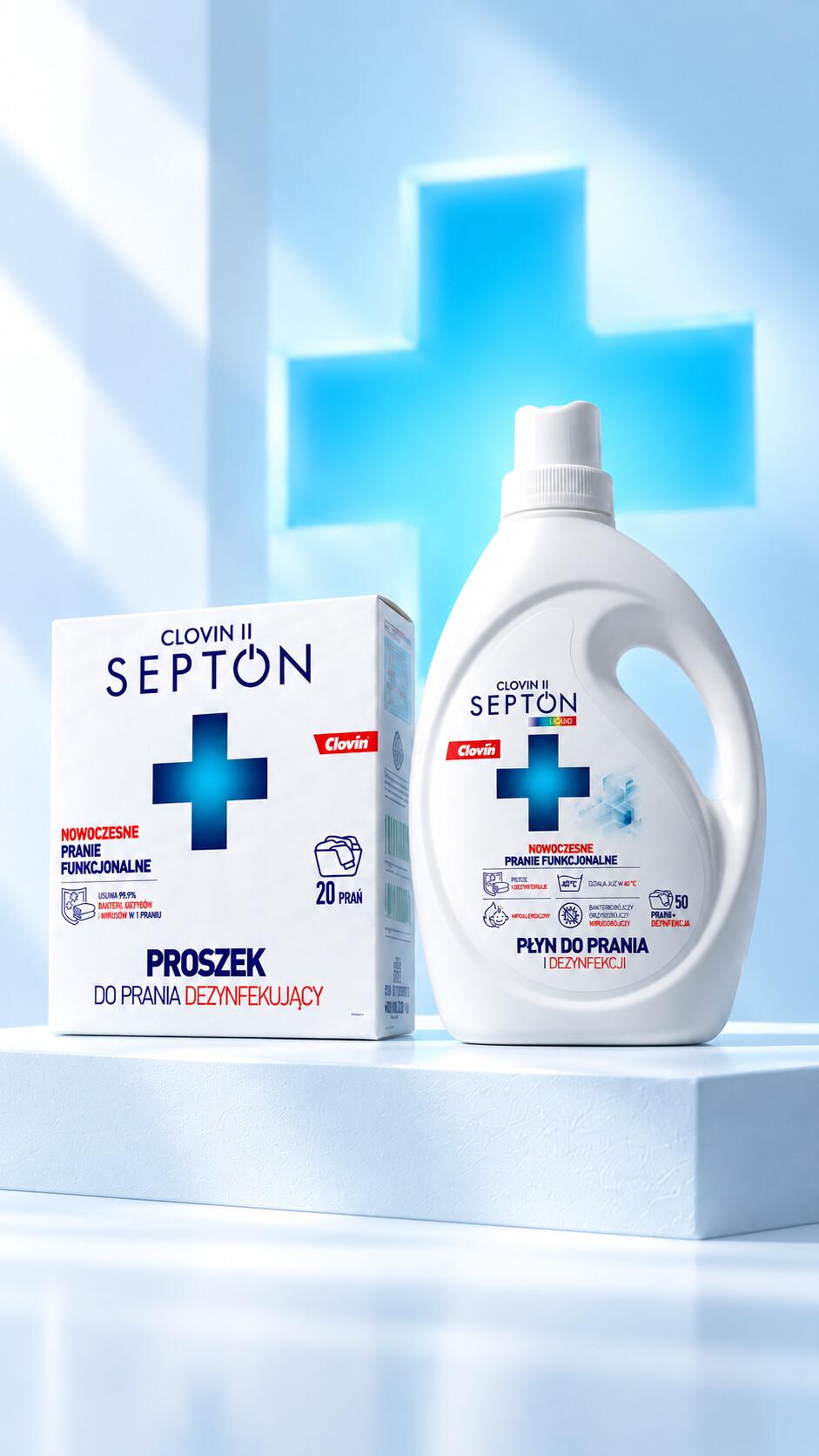 Karton proszku Clovin II Septon 2,3 kg i butelka płynu do prania na białym podium, w tle niebieski krzyż.