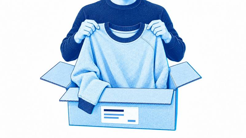Bluza wyjmowana z kartonowej paczki z ubraniami z drugiej ręki